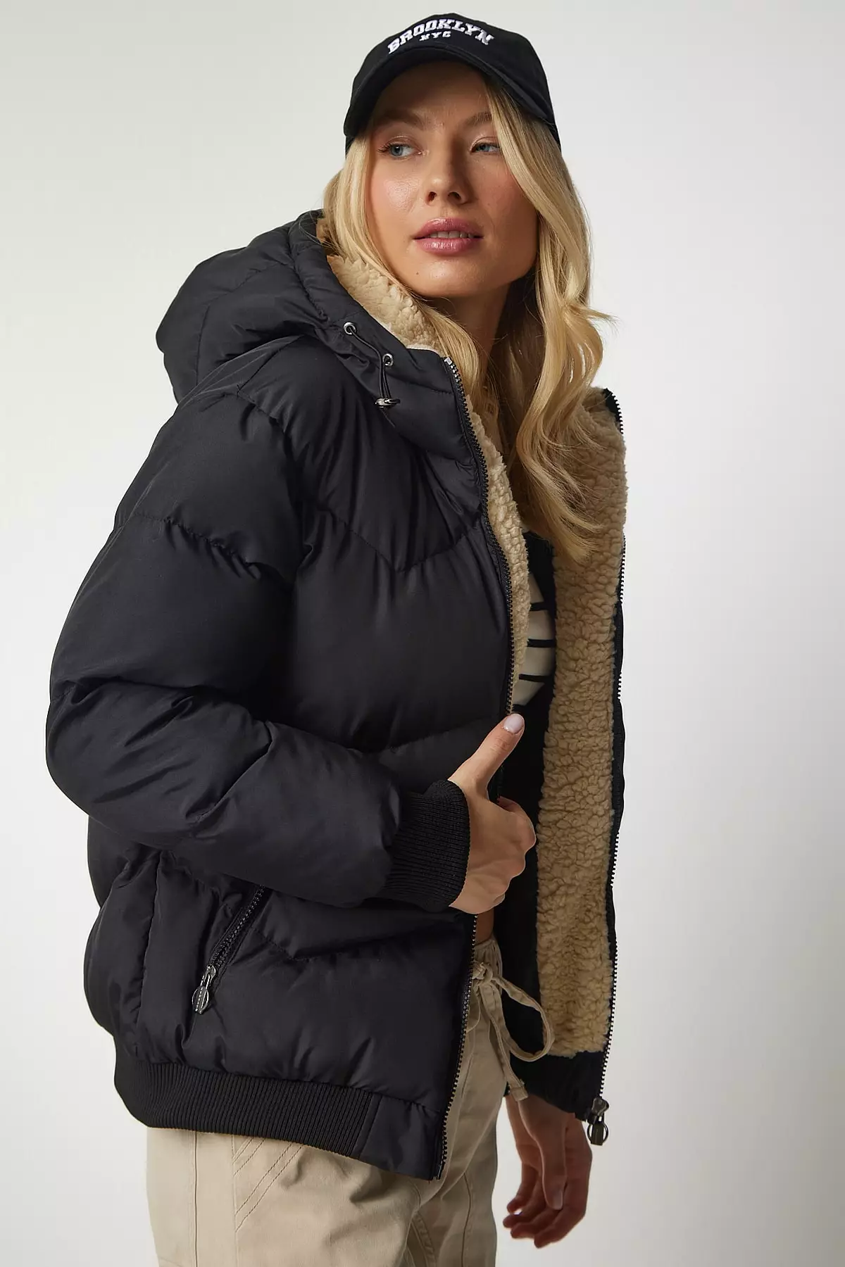 Puffy jacket with fur on sale hood