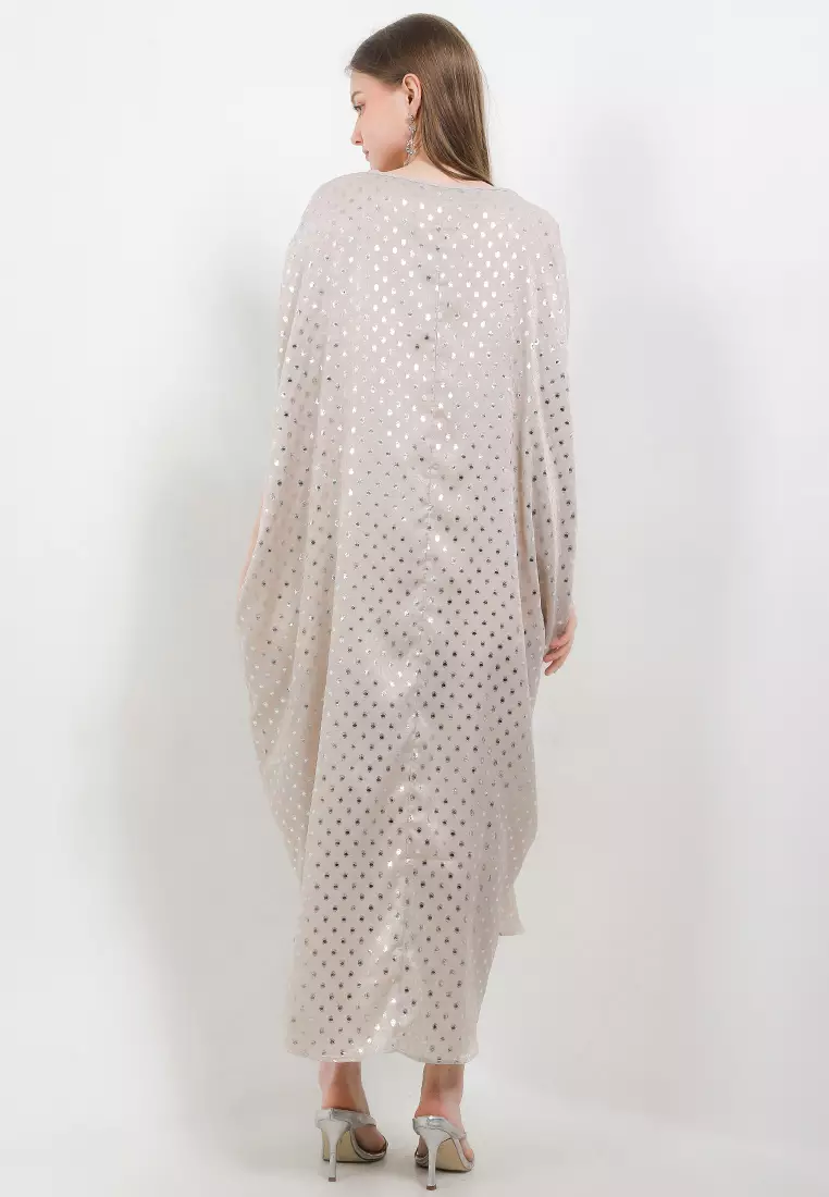 Silver Print Ruched Kaftan W/ Plastic Diamond Around Neckline