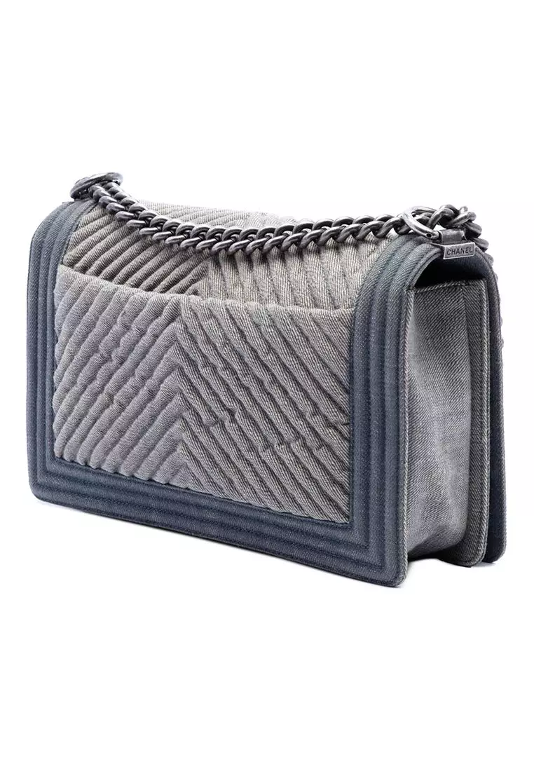 Pre-Loved Chanel Old Medium Chevron Denim Boy Flap