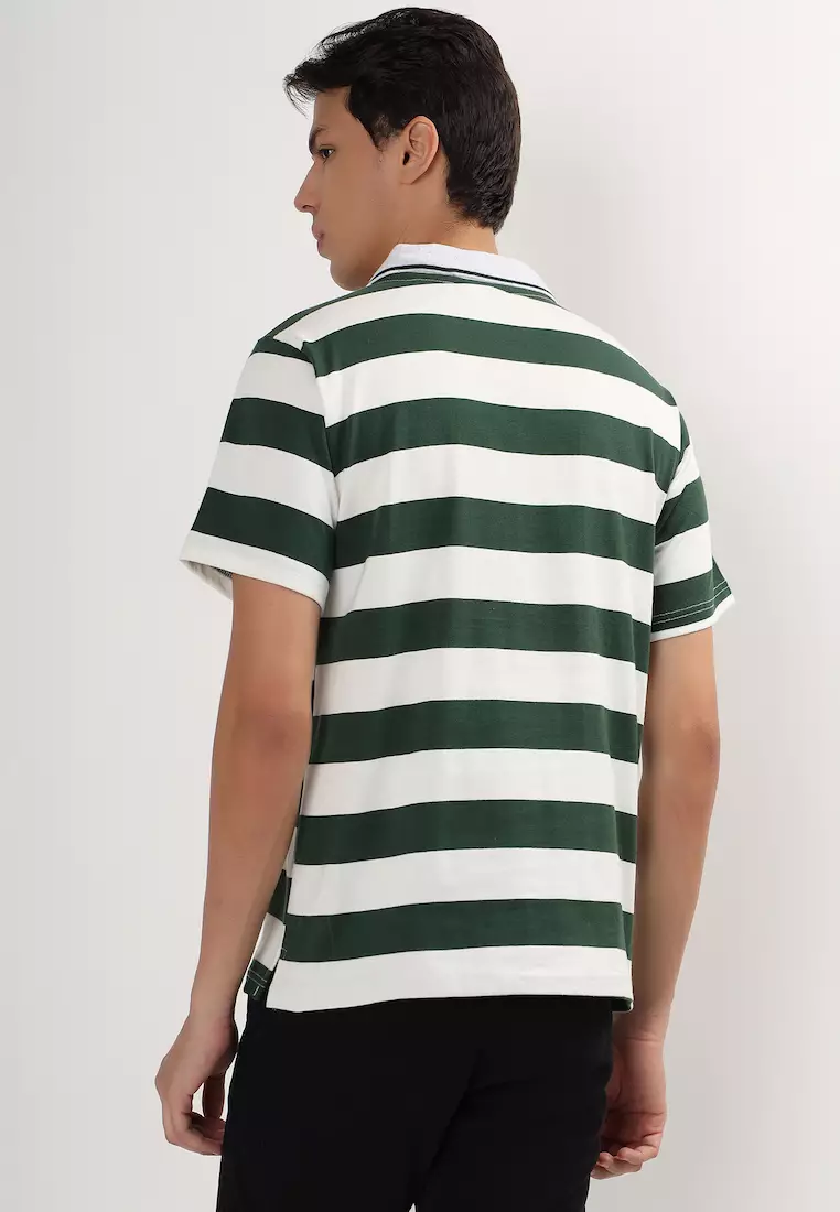 Mens Short Sleeve Green - White Stripe Cotton Rugby Polo Shirt/T-shirt,  Sports-Casual, Activewear