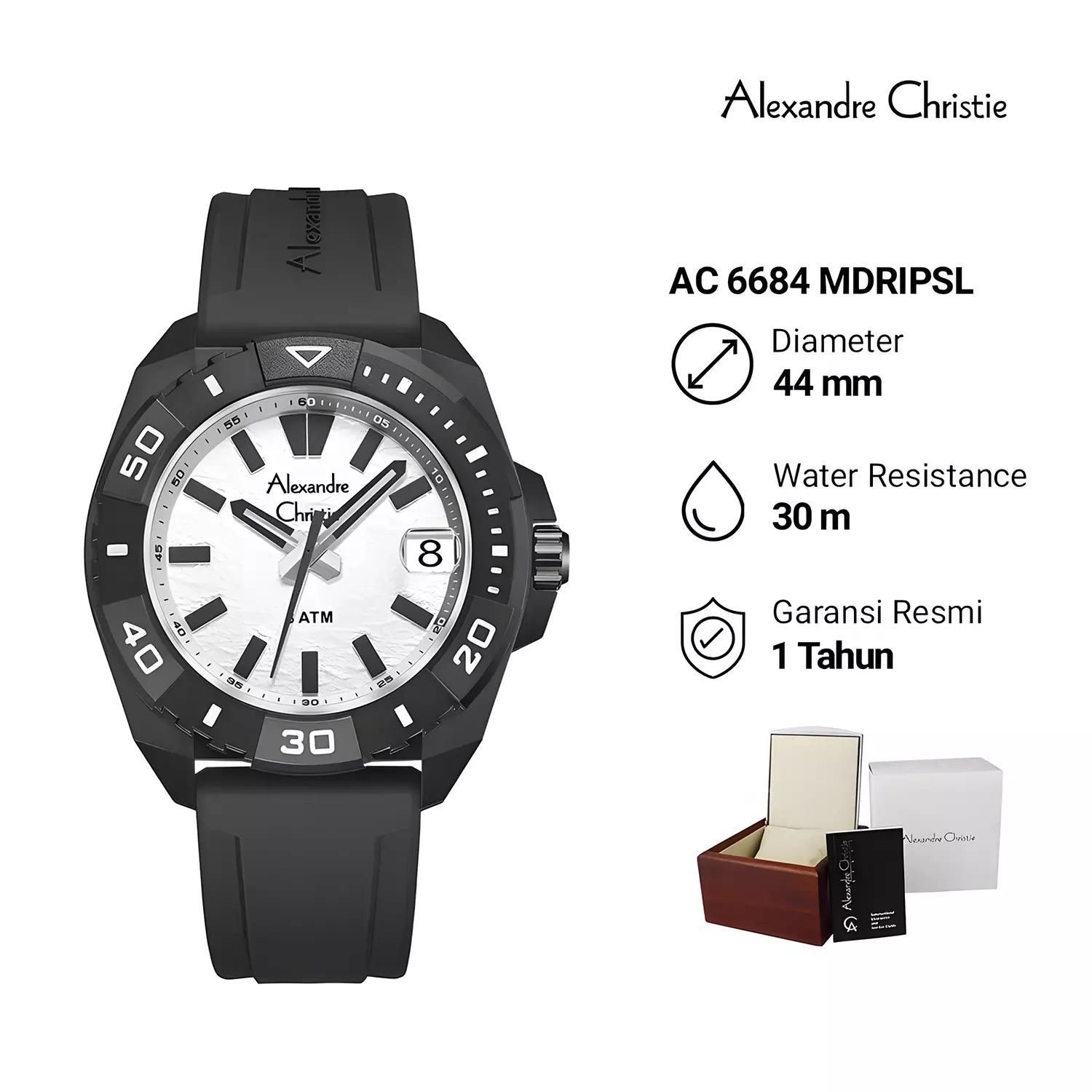 Jam Tangan Analog Pria - Black White - Rubber Strap - 6684 MDRIPSL 