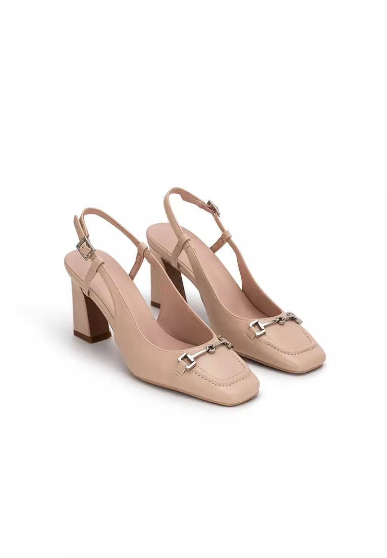 METAL BUCKLE SQUARE TOE SLINGBACK BLOCK HEEL