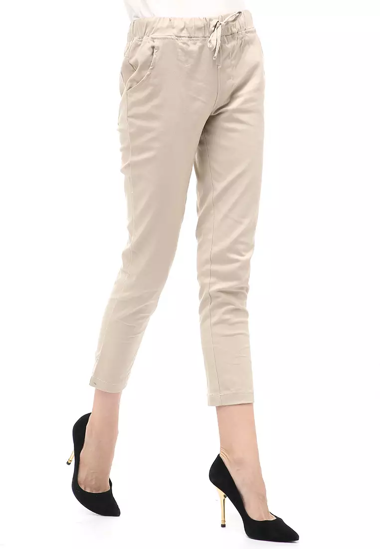 Long Pants Wanita Motif Solid Rubbery Waist Design Casual Regular Fit - Cream