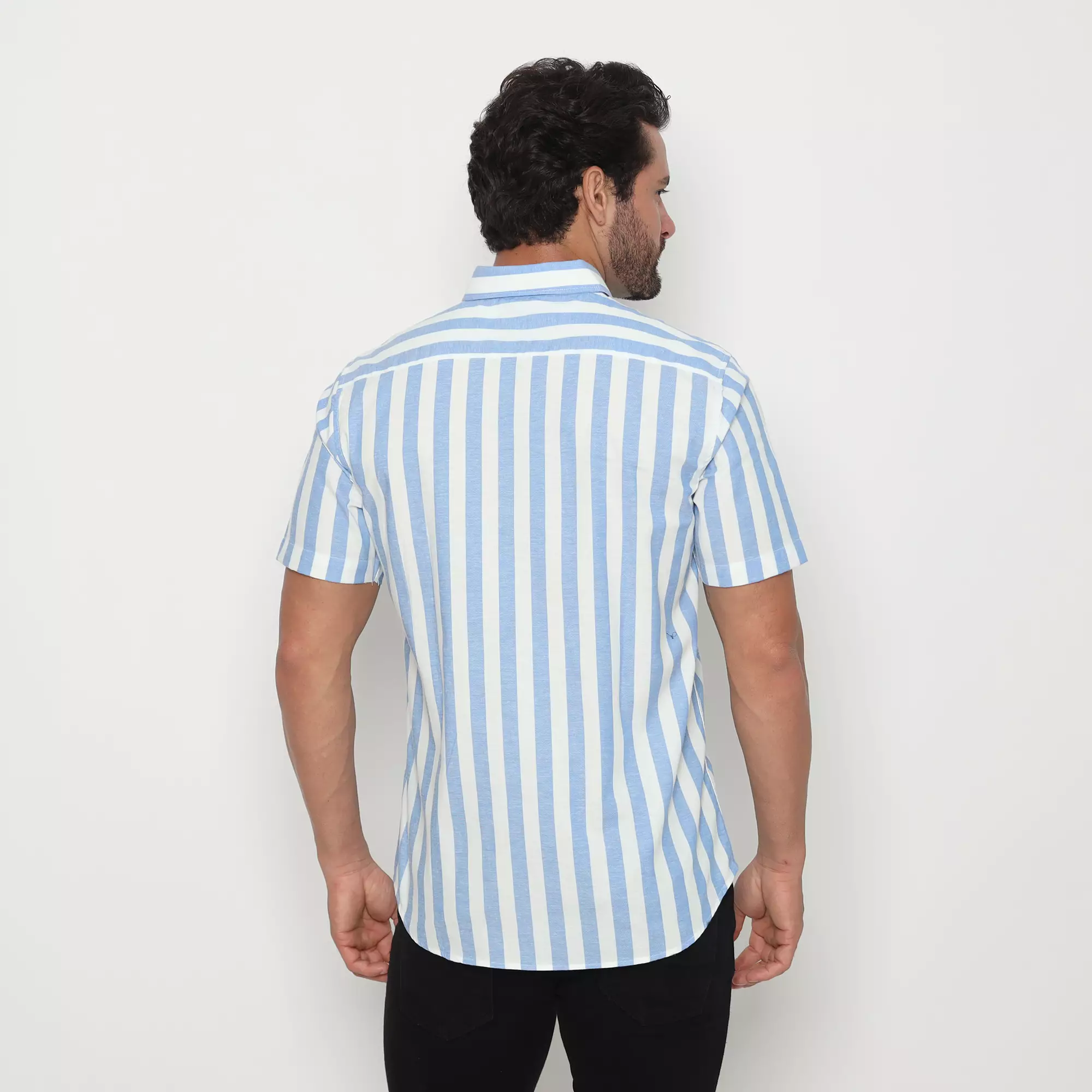 Platini Kemeja Motif Salur Pria Lengan Pendek Katun Biru 73341.02