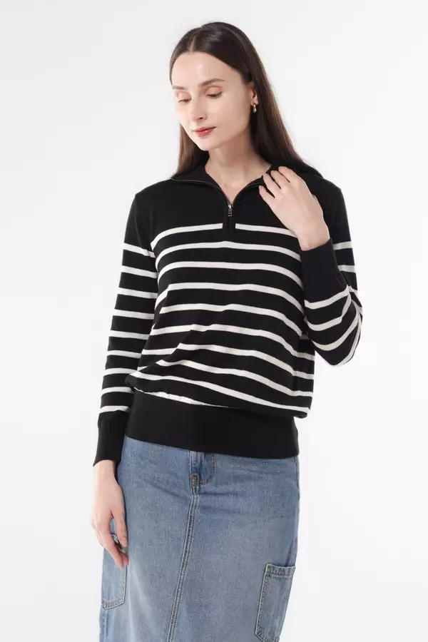 MINIMAL - Reeny - Sweater Rajut Zipper Motif Garis - Black