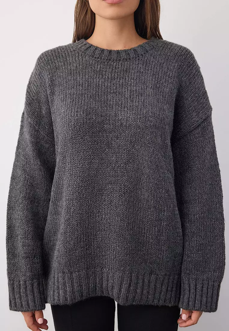 Wardrobe Essentials Anthracite Soft Textured Loose Fit Basic Knit Sweater | Twoaw26Kz00073