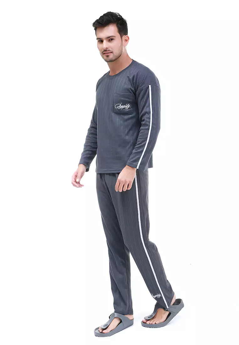 Klicin Setelan Baju Tidur Piyama Pria Amplify One Set Sleepwear Pajamas Material Fabric ORIGINAL - Black