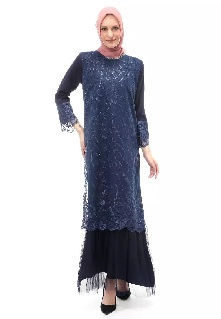 Diana Gamis Brukat Wanita Muslimah Lapis Moscrepe Premium Quality - Navy