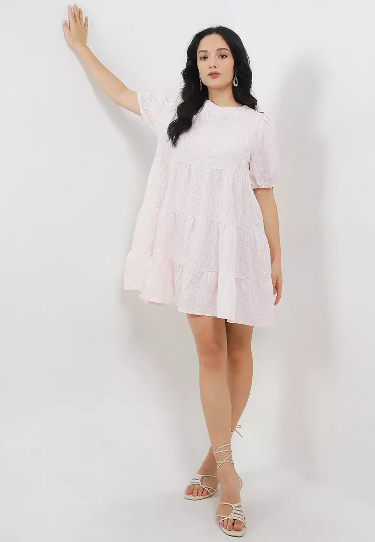 Puff Sleeve Emb Tier Dress