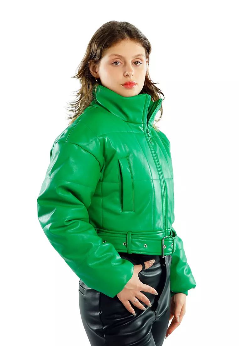 Jaket Puffer Belted Berikat Hijau Cerah