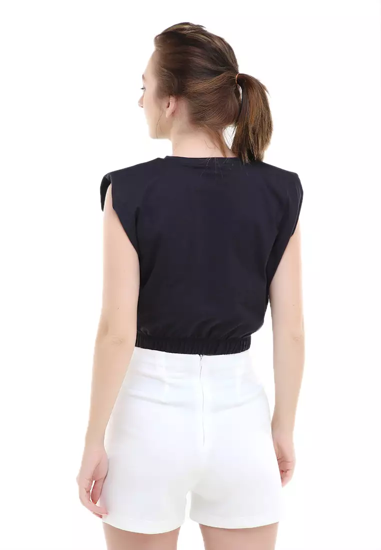 Sakya Tshirt Short Sleeve Top Padded Motif Polos Atasan Wanita Crop Regular fit - Black