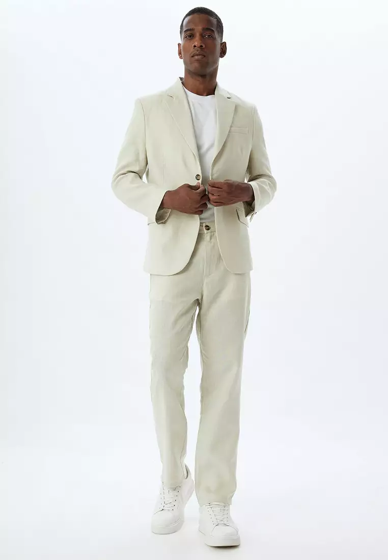 Linen Jacket Blazer Slim Fit Buttoned Pocket Detailed