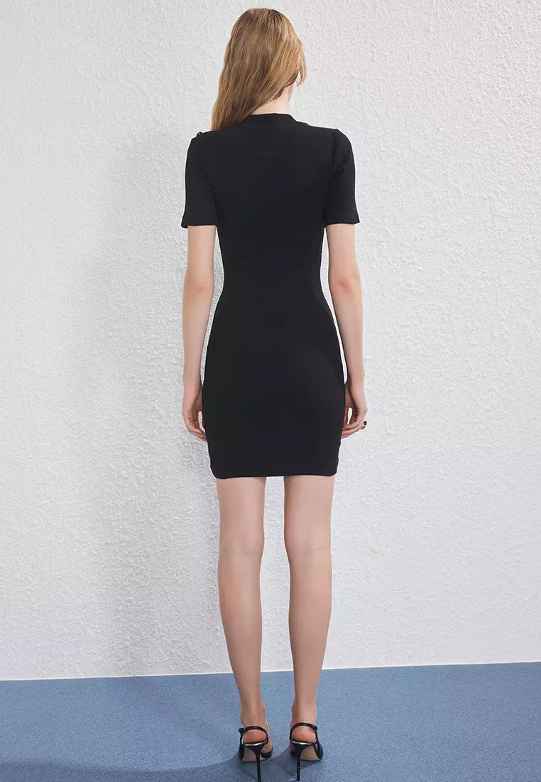 Black Flat Button Detail High Neck Fitted Elastic Ribbed Mini Knit Dress Twoss25El00785