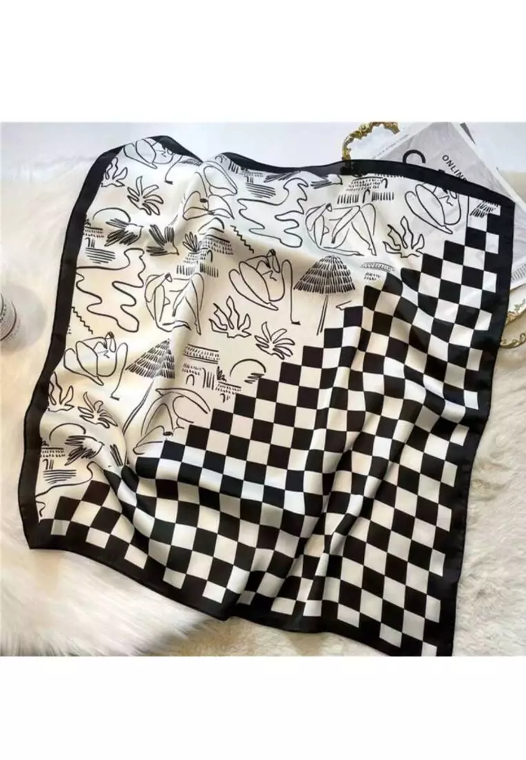 Aksesoris Scarf Paradise Checks Motif Silky Square Satin Scarf Segi Empat Ukuran Kecil Black & white