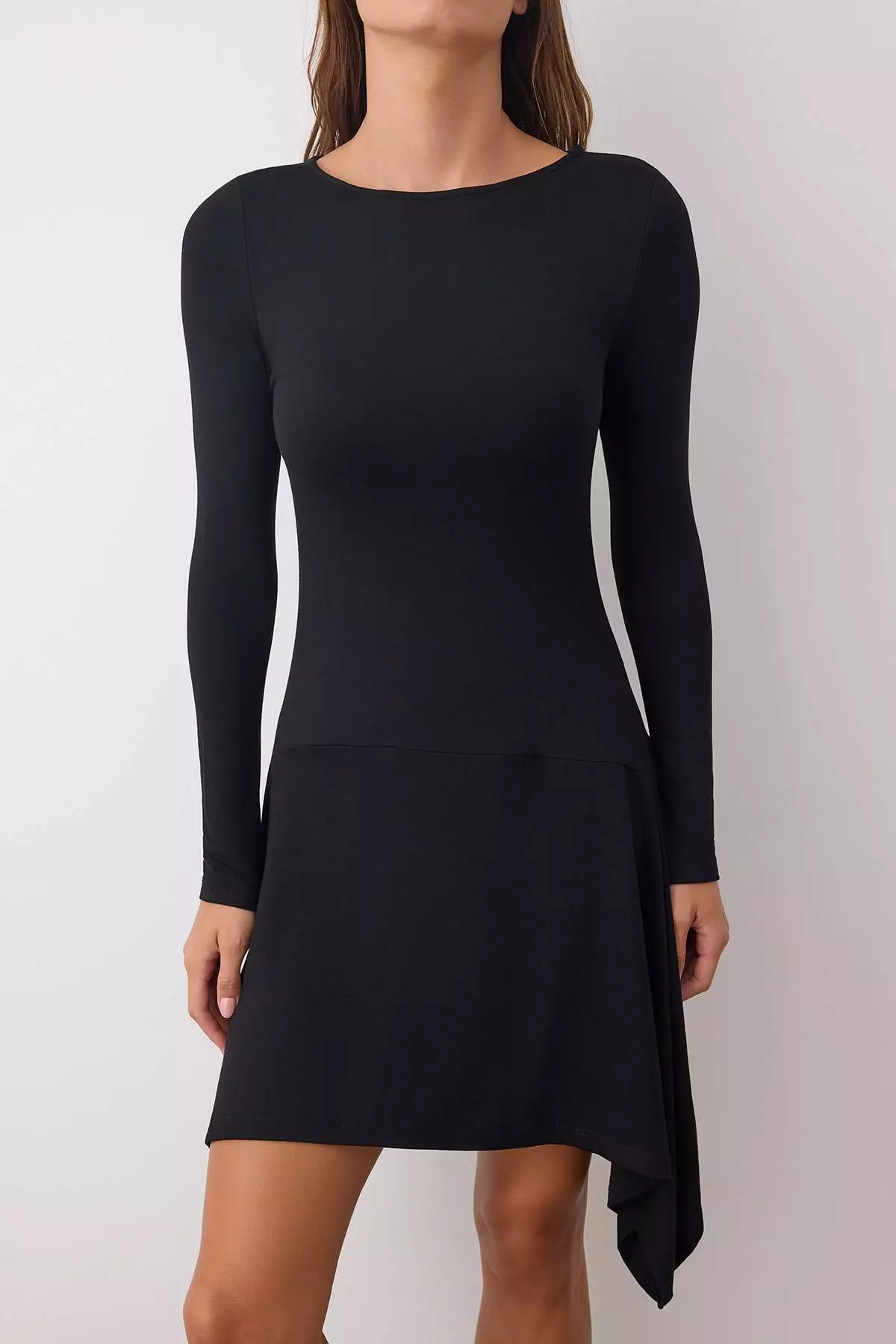 Black Viscose Asymmetric Ruffle Flexible Plain Short / Mini Knitted Dress Twoaw26El00064