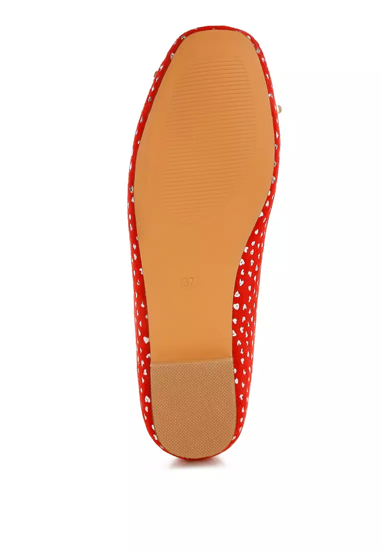 Bow Detail Embossed Suede Ballerinas Red