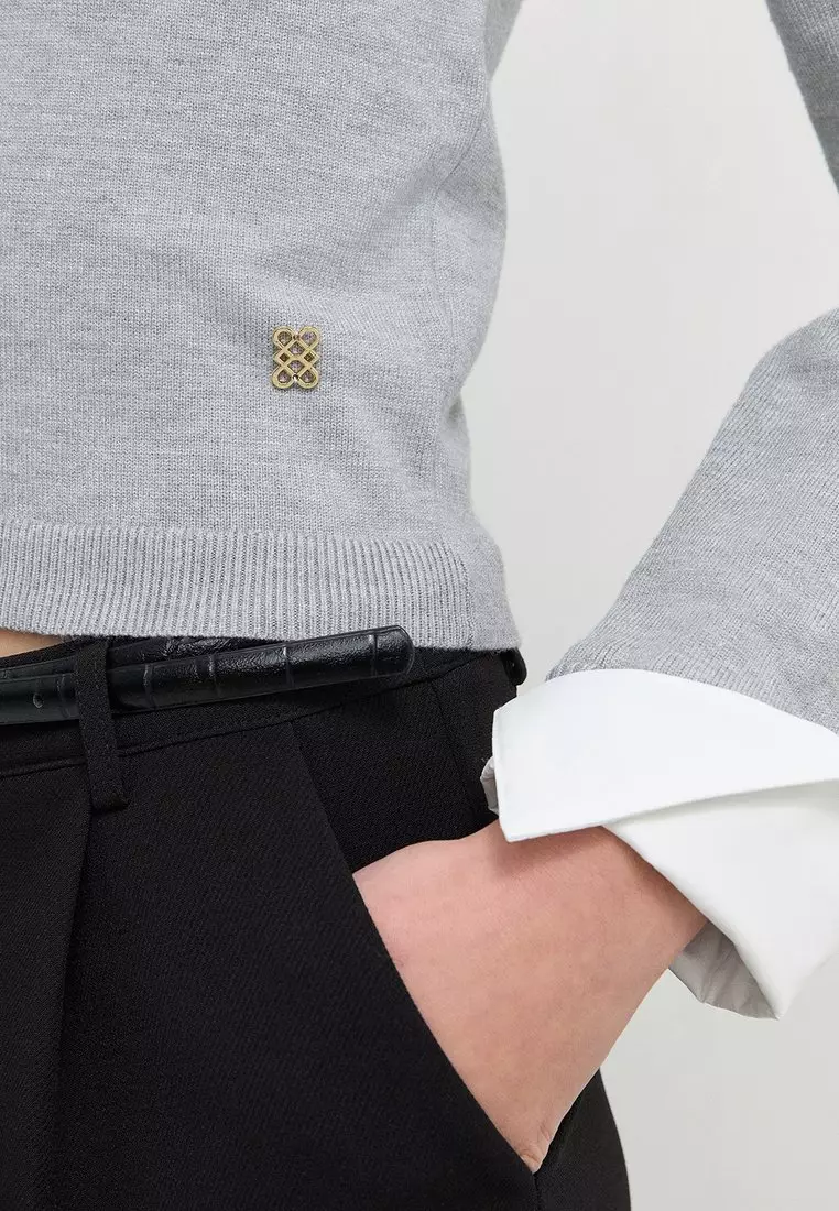 Off-the-Shoulder Layered Knit Sweater with Collared Shirt Insert Detail - Light Grey