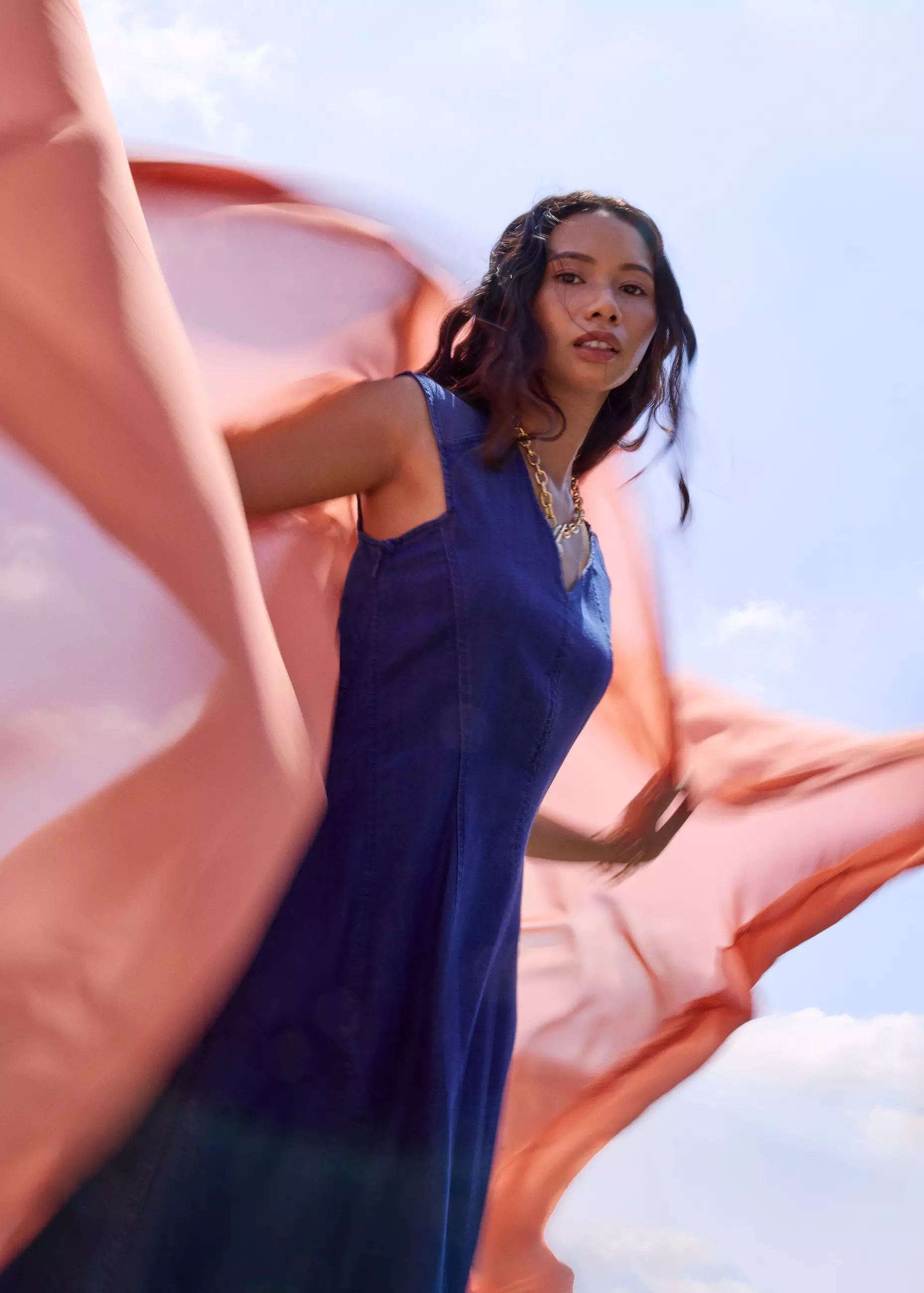 Dress Wanita - Chambray Panelled Cap Sleeve Fit & Flare Midi Dress