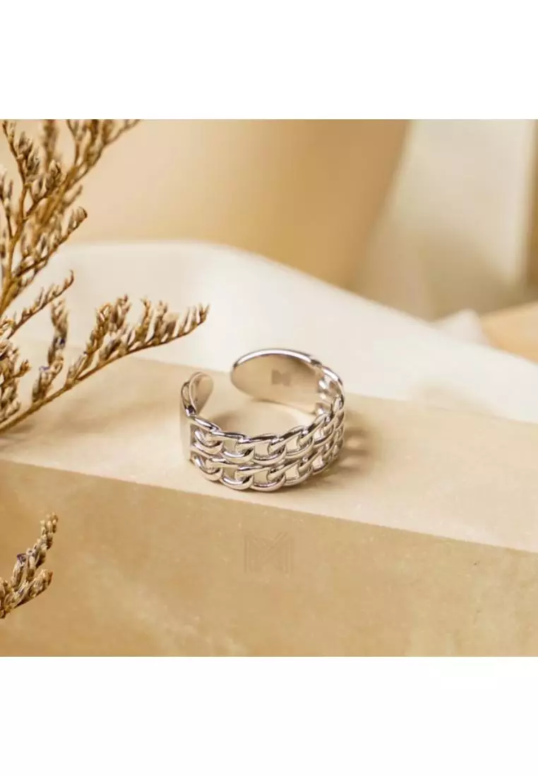 Millennia 2000 Double Chain Link White Gold Ring with 925 Sterling Silver
