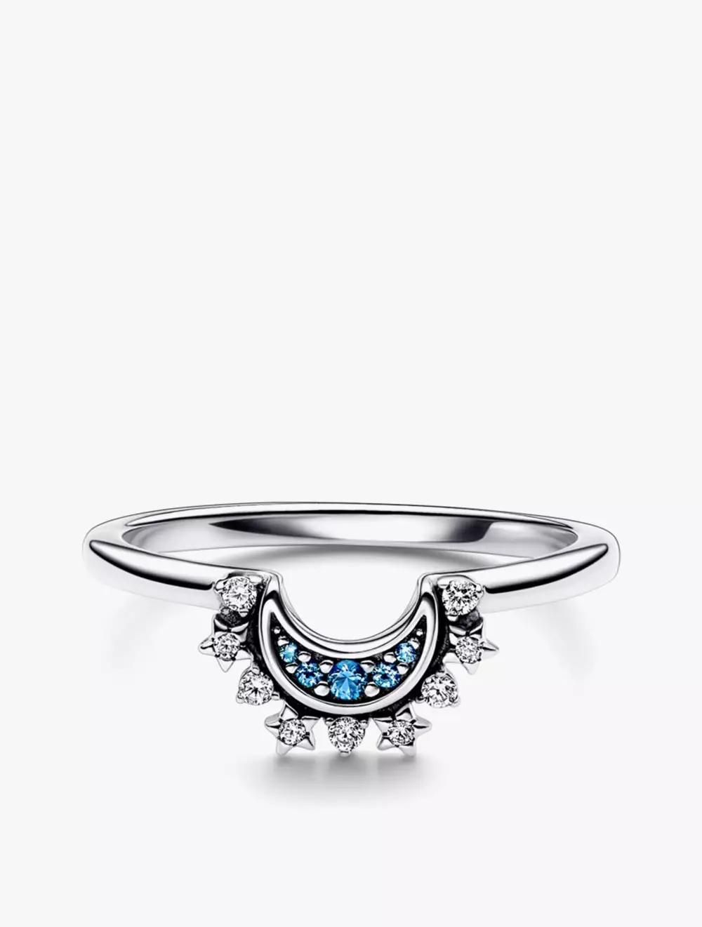 Celestial moon sterling silver ring with night blue crystal and clear cubic zirconia