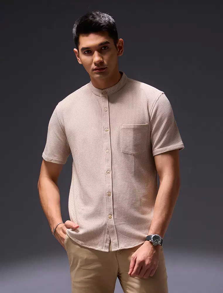 OXCON kemeja Tangan Pendek Waffle Kerah Collarless Cream