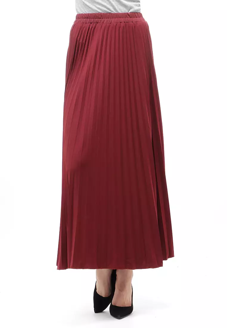 Skirt Plisket Bawahan Wanita Motif Polos Relaxed Fit - Maroon