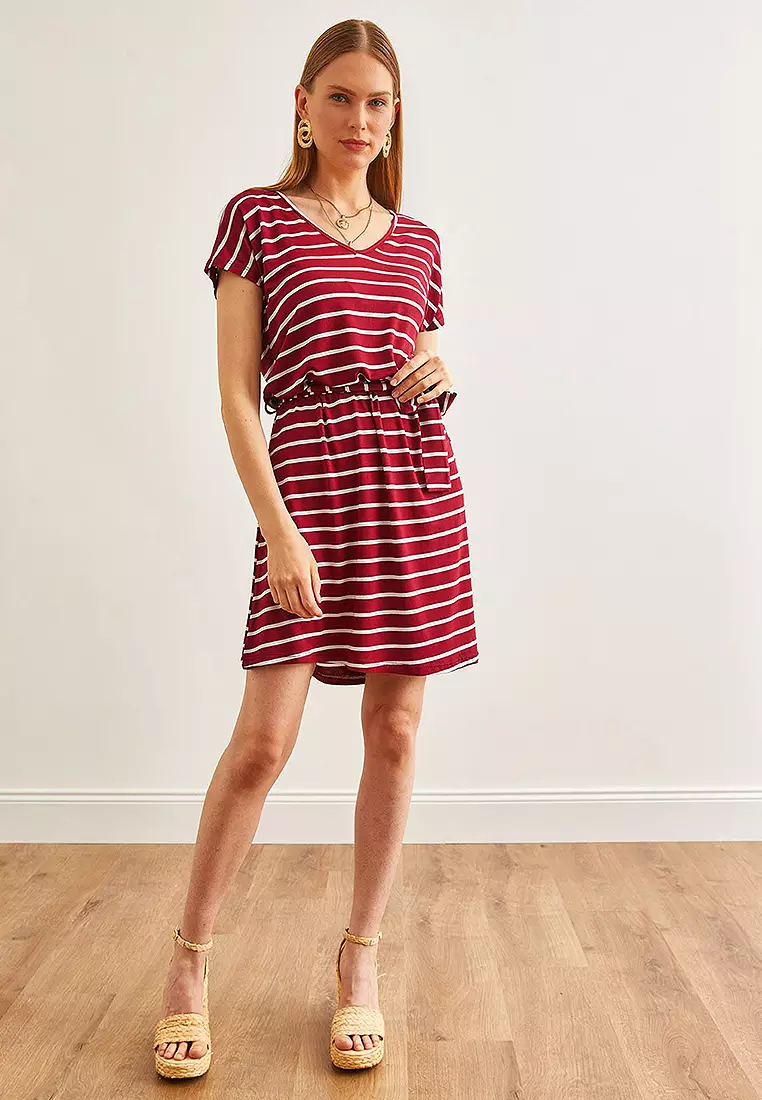 Belted V-Neck Casual Knitted Viscose Dress