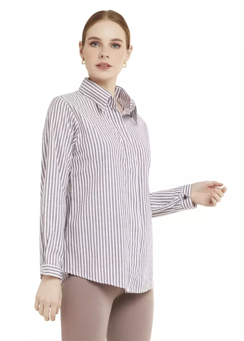 Kemeja Salur Basic Lengan Panjang Garis Shirt Wanita - Coklat