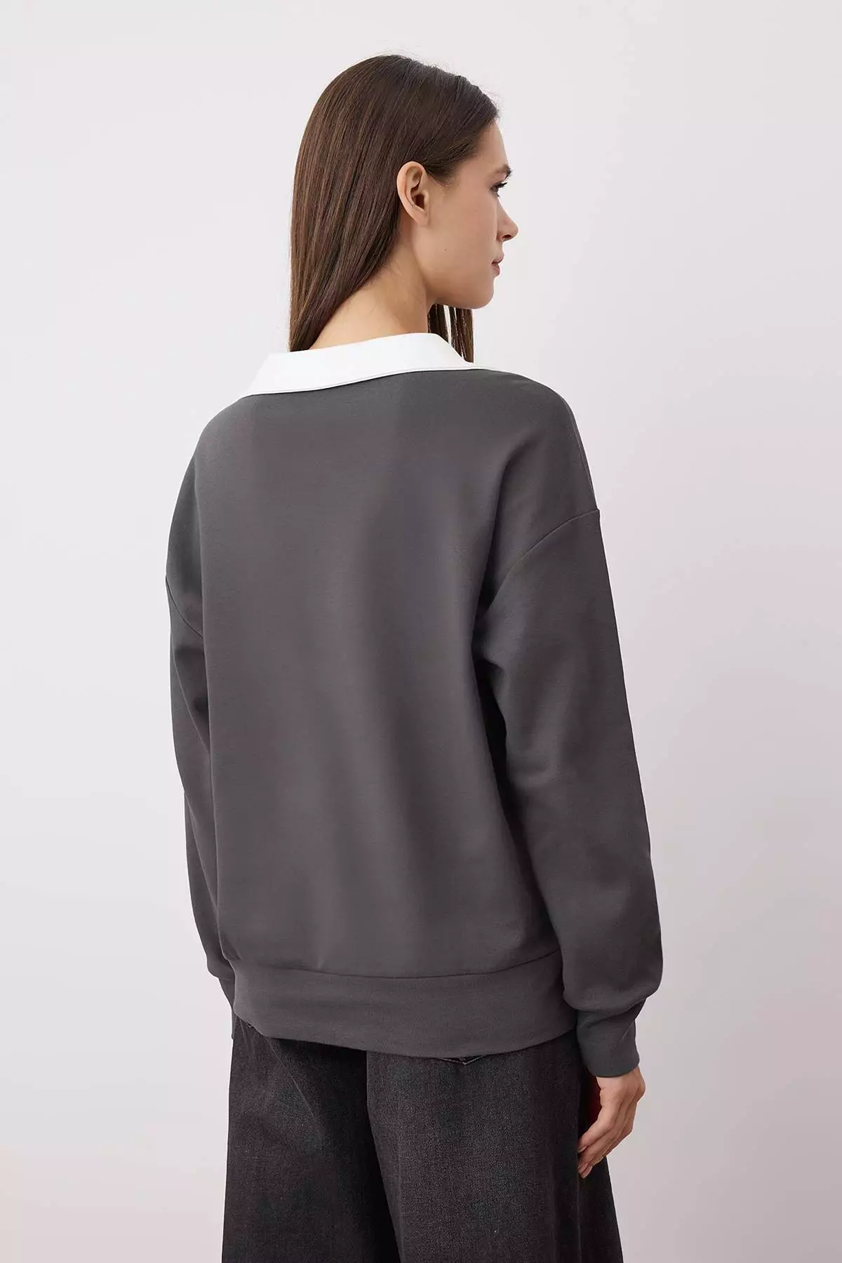 Anthracite Color Block Polo Neck Relaxed/Comfortable Pattern Knitted Sweatshirt