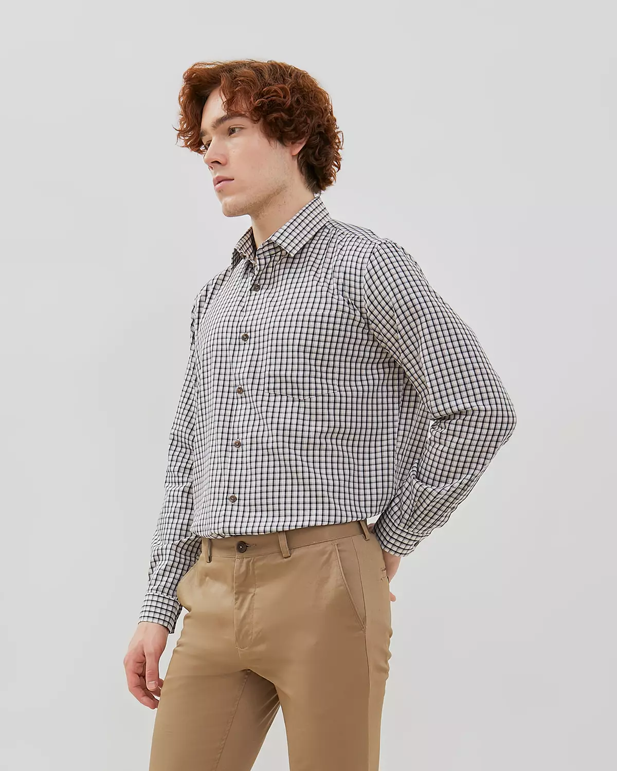 MEN'S CREAM PLAID LONG SLEEVE SHIRT