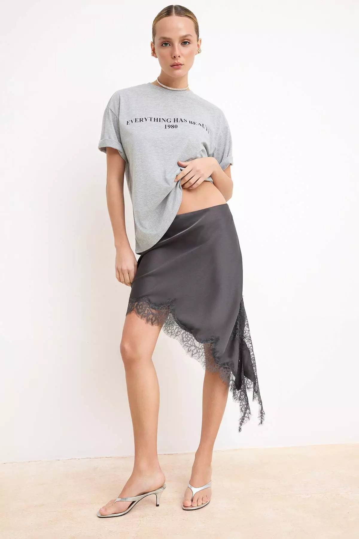 Grey Melange 1% Cotton Slogan Printed Relaxed/Wide Comfortable Cut Knitted T-Shirt Twoss19Gh34