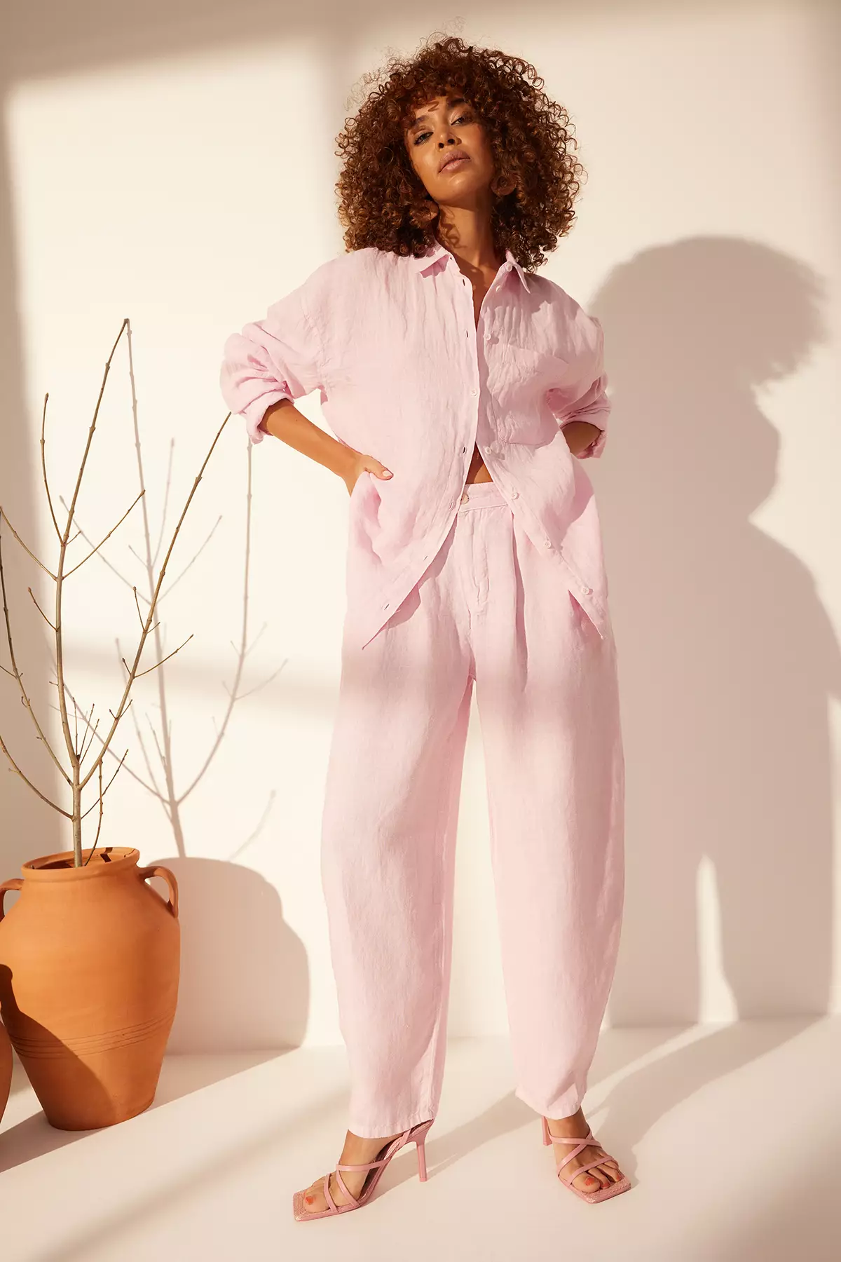 Pink 1% Linen Pocket Detailed Oversized Shirt Twoss26Go39
