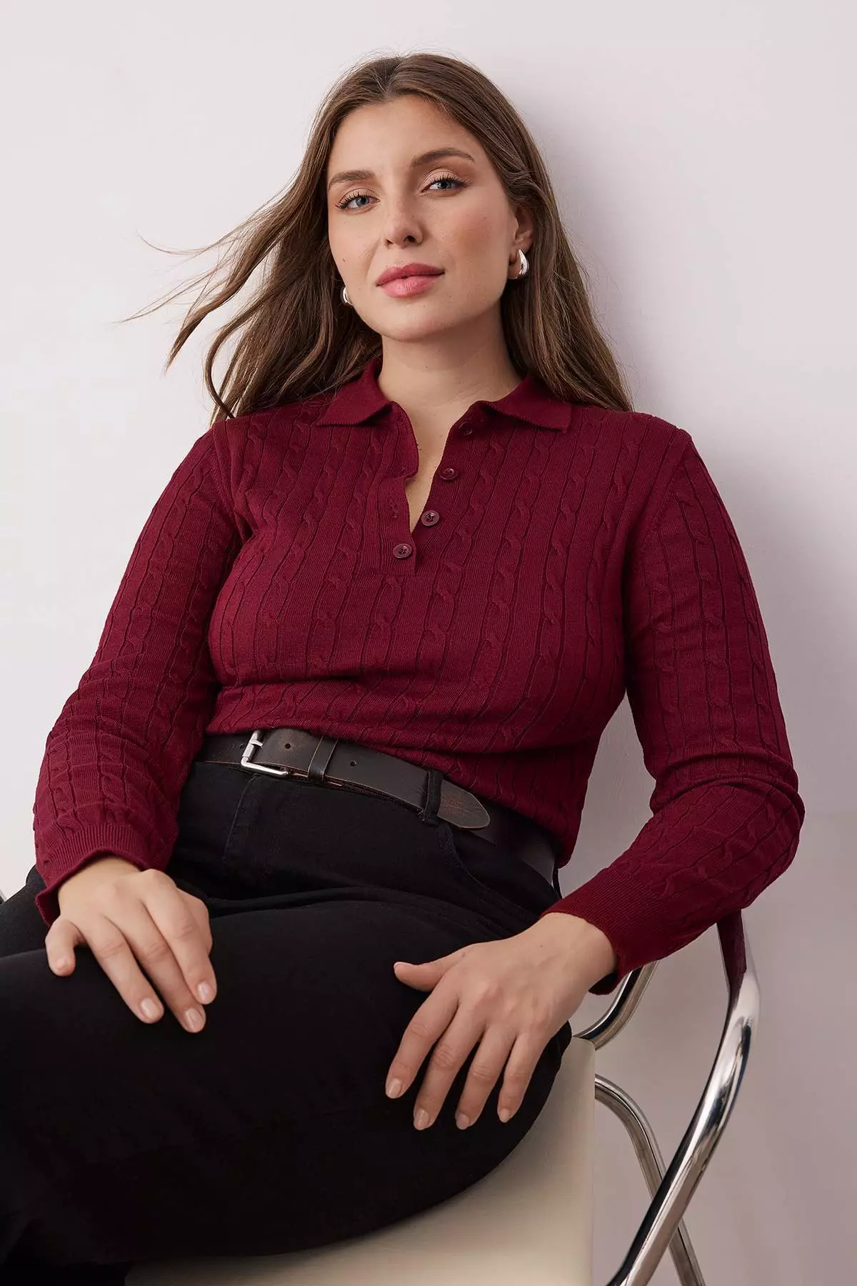 Dark Cherry Polo Collar Hair Knit Thin Knit Blouse