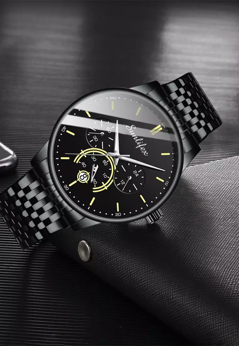 Jam Tangan Pria Original Bisnis Anti Air Kuarsa Jam Pria Calendar Tali Stainless Steel Jam Tangan Cowok 9007 black yellow