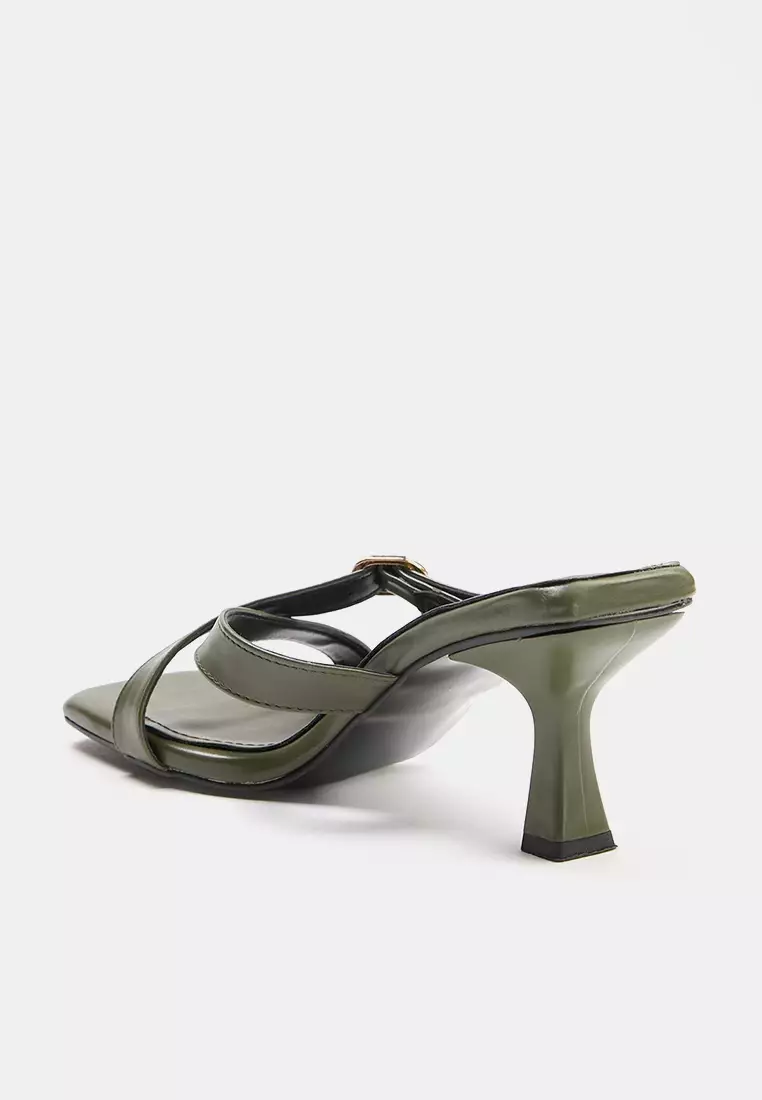 Gold Buckle Square Toe Heels