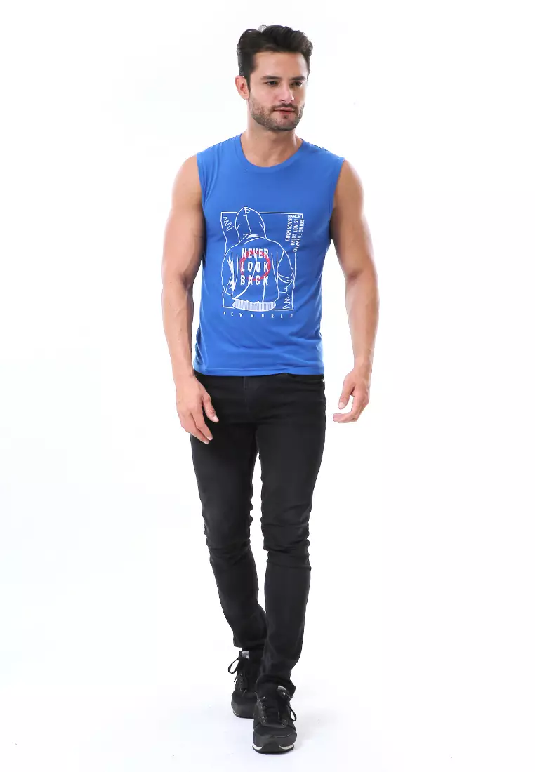 Bobby Atasan Kasual Pria Singlet Motif Never Look Back Sleeveless Tshirt Material Cotton ORIGINAL - Blue
