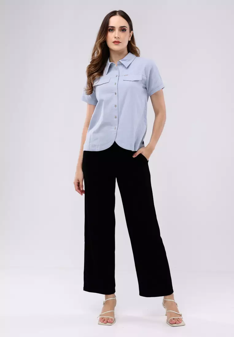 Woven Plain Washed Crepe Short Sleeves Blouse