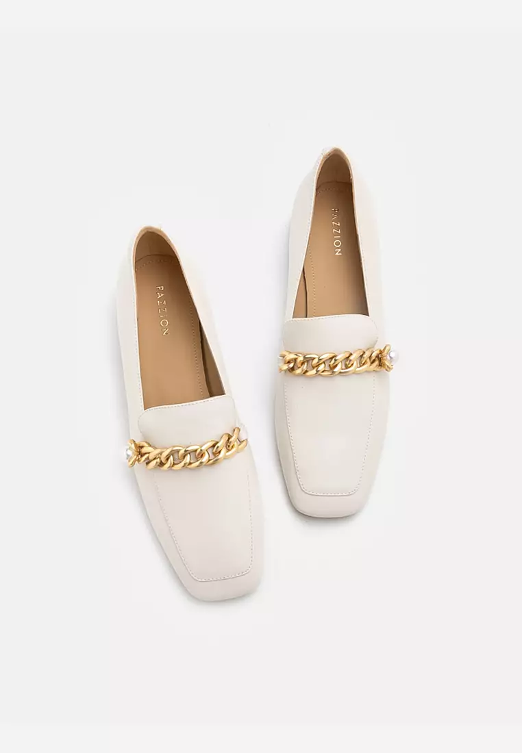 Maisie Pearl Embellished Chain Loafer Heels Beige