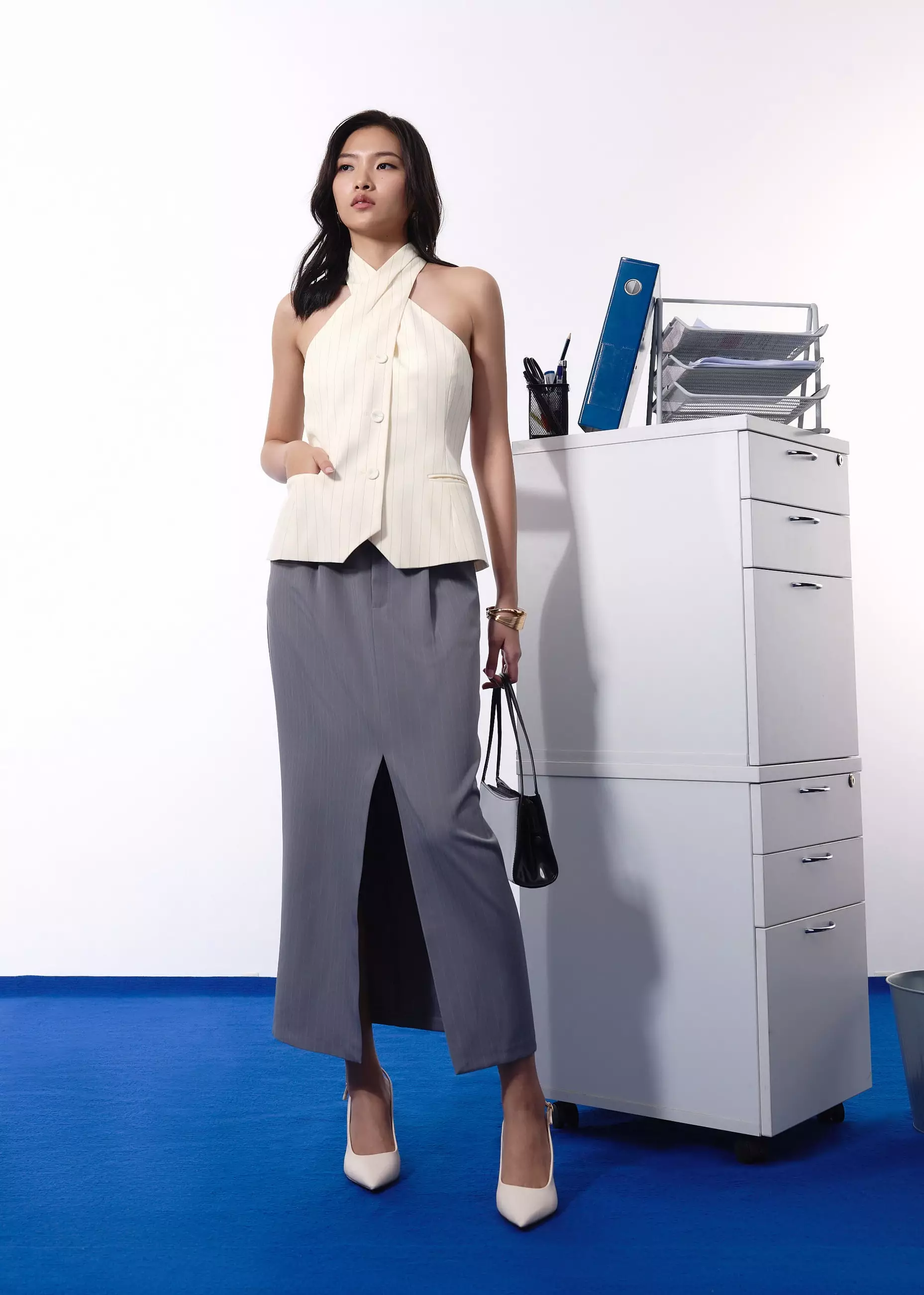 Atasan Wanita - Akira Tailored Pinstripe Cross Over Halter Top