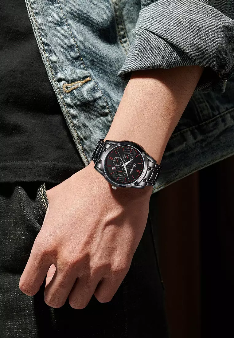 Jam Tangan Pria 9035 Analog Kalender Santai Tali Stainless Steel Jam Tangan Cowok  red