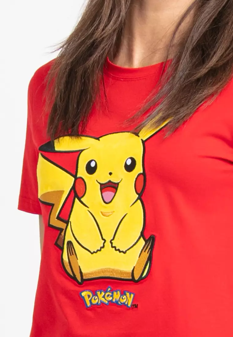 Forest X Pokemon Ladies Coral Fleece Textured Embroidered Pikachu Round Neck Tshirt Women - FP821000-51Red
