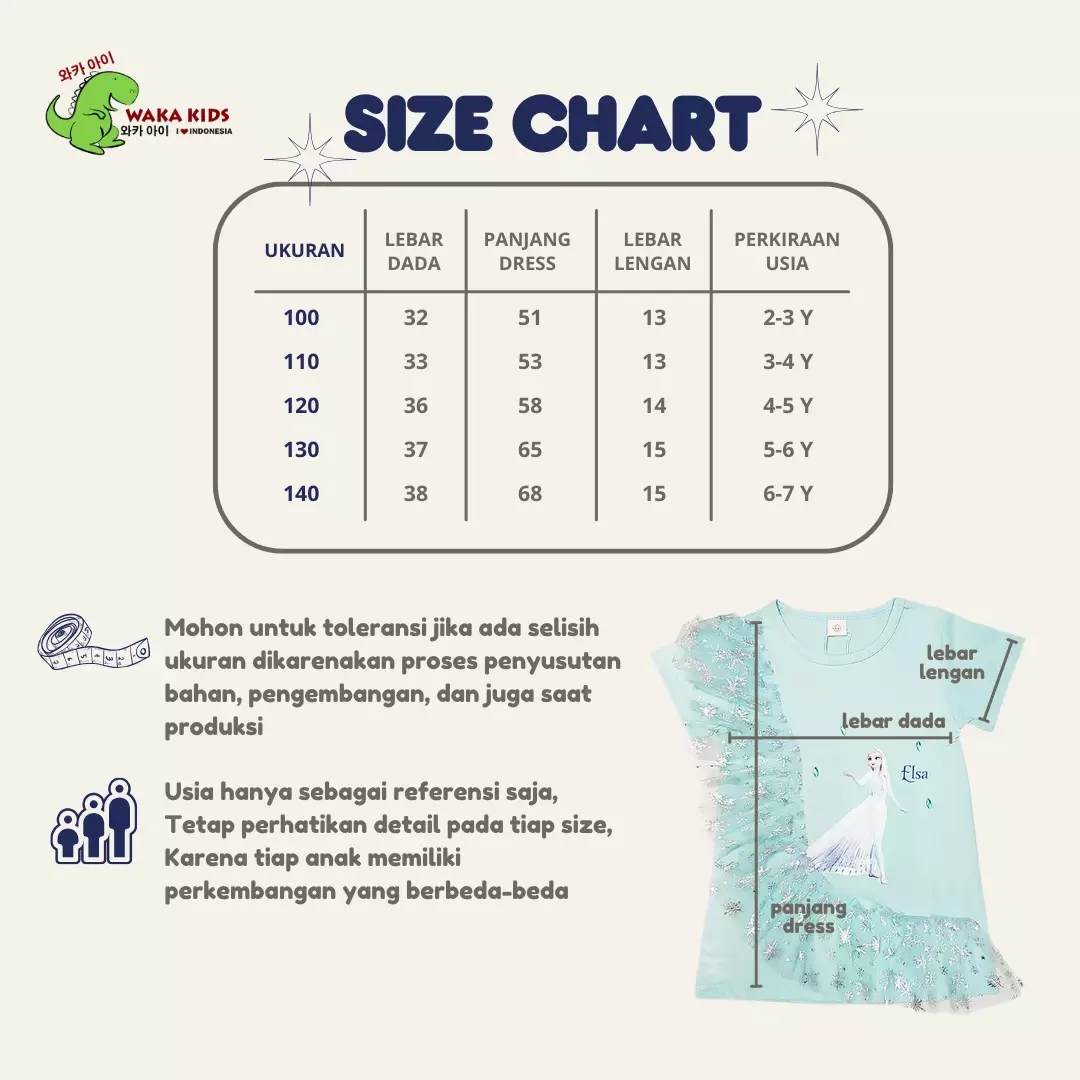Wakakids Dress Anak Perempuan Lengan Pendek Rumbai Daster Karakter Motif Elsa Frozen 4490 Venrz Biru Muda
