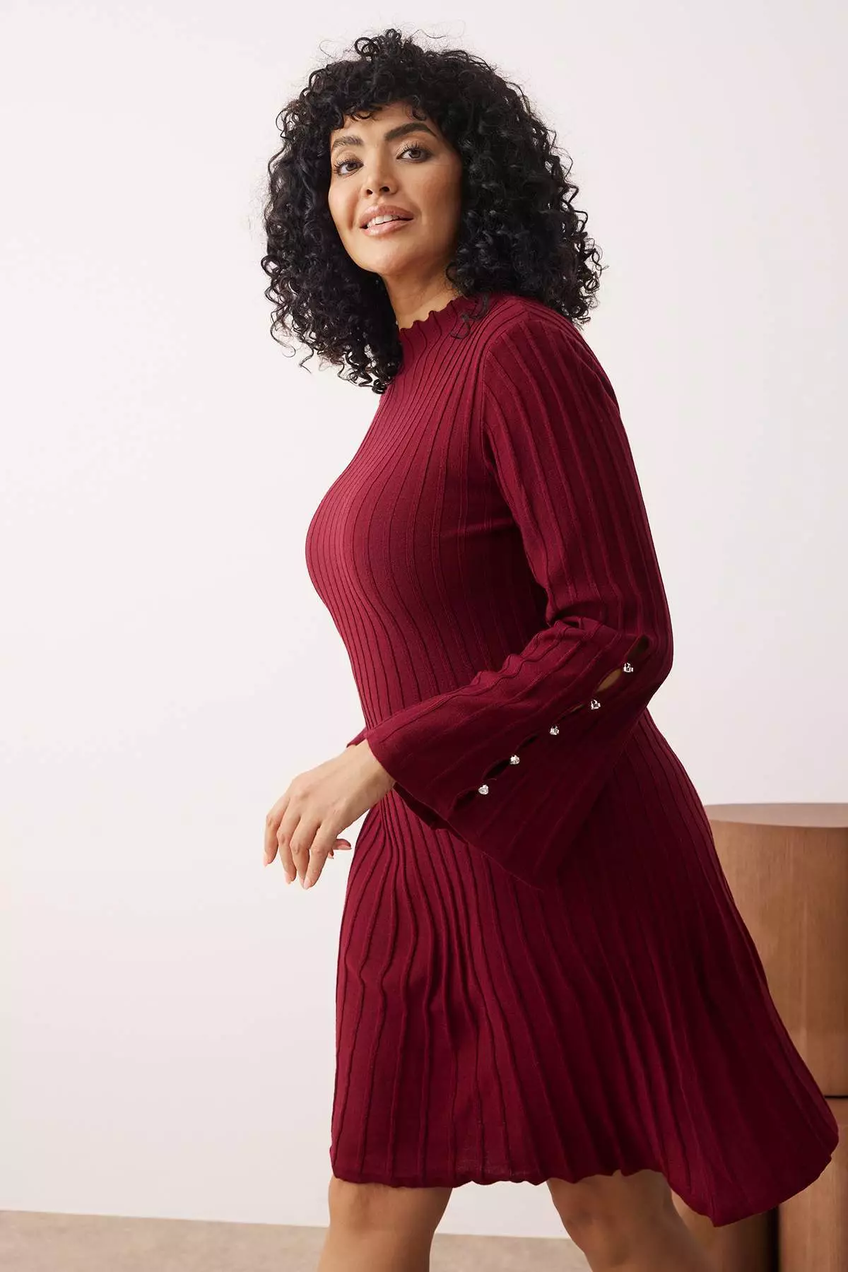 Claret Red Corded Accessory Detailed Knitwear Dress Tbbaw26Ah00000