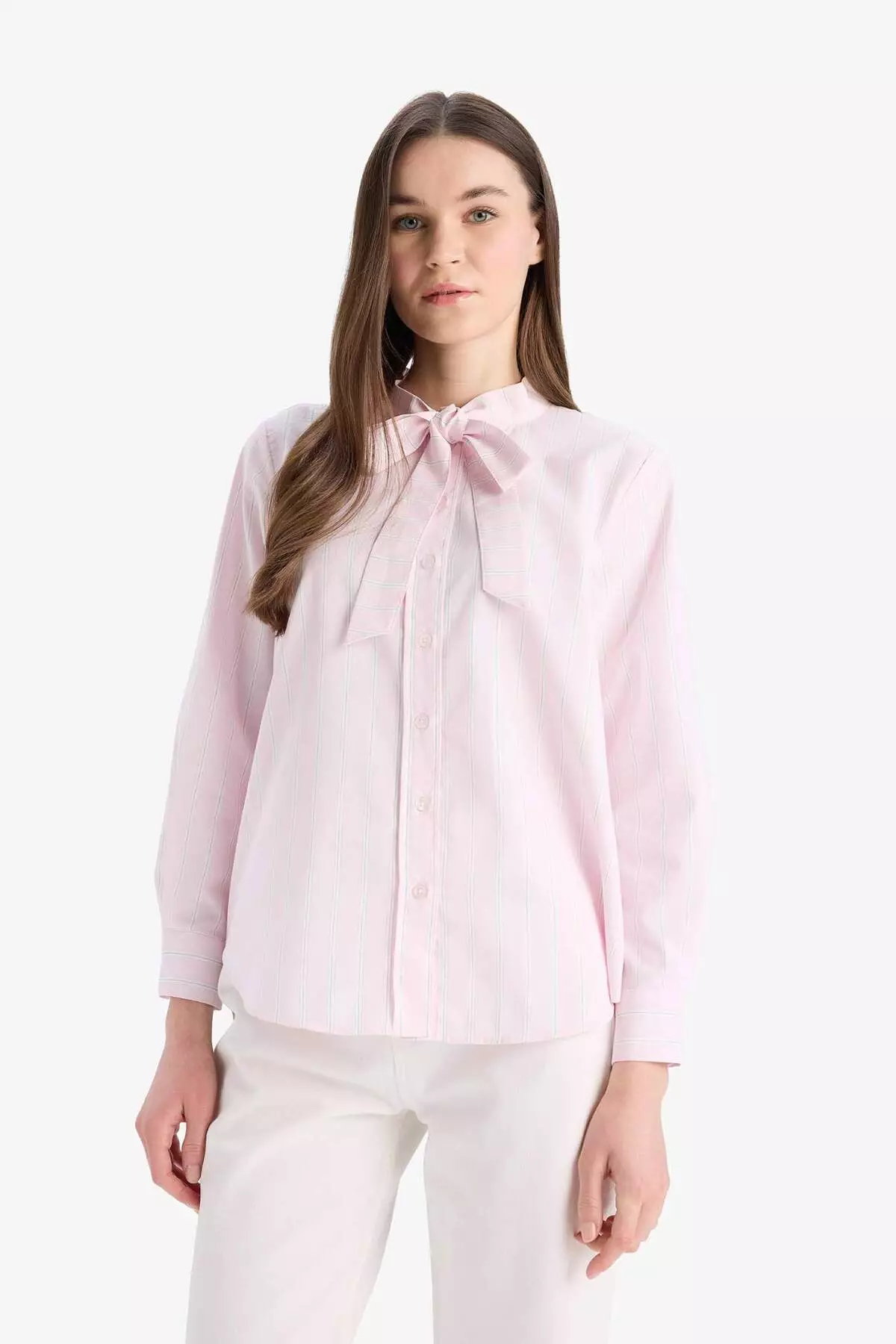 寬鬆剪裁 蝴蝶結領 間條 鋁絲織物 長袖 頭巾恤衫 長上衣 E7976Ax25Sm