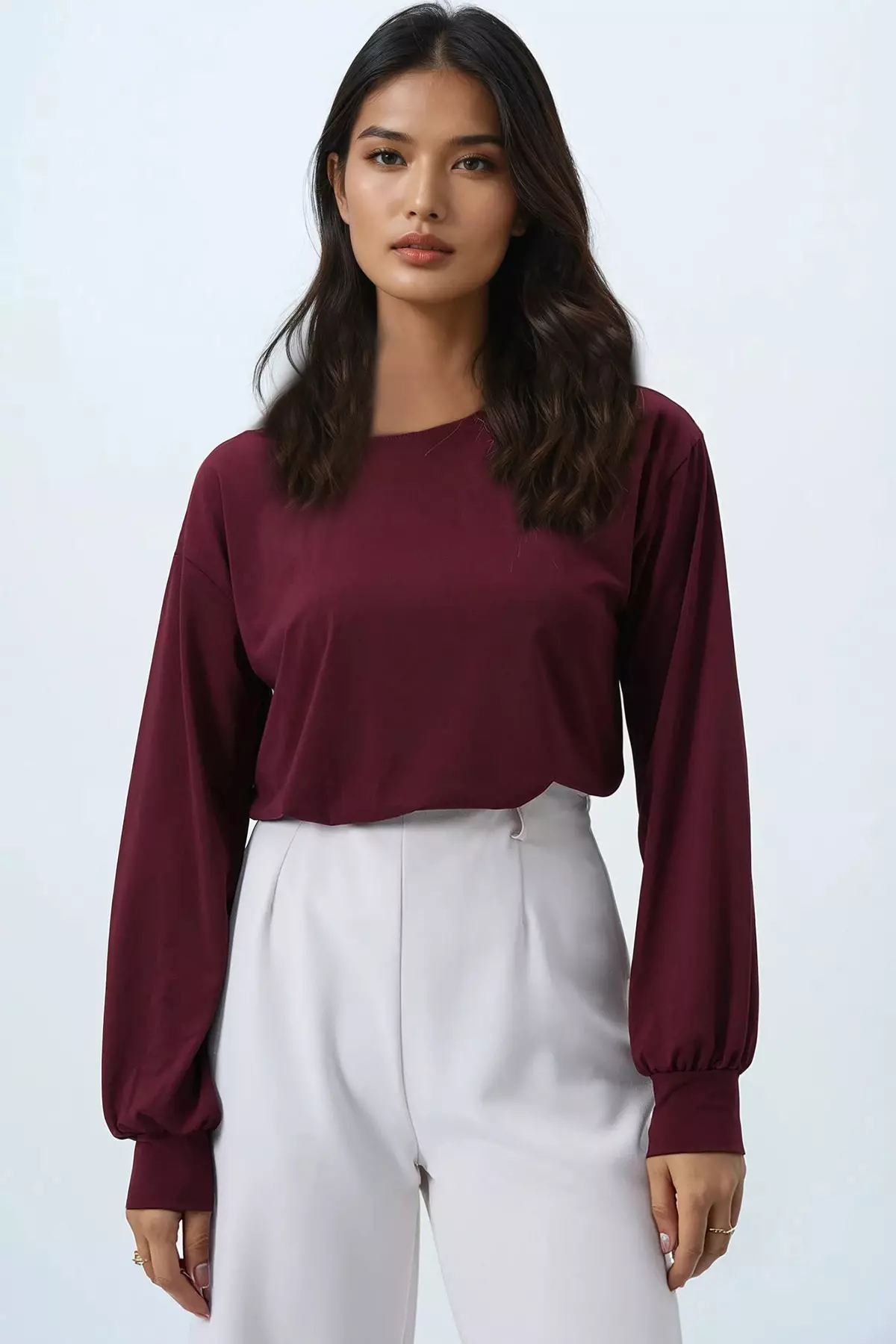 Women's Burgundy Boat Neck Sleeves Cuffed Blouse Alc-X14393