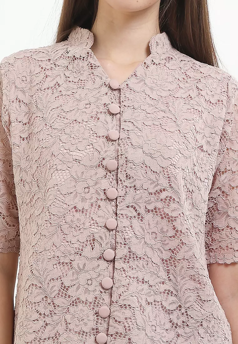 Blouse Kebaya Atasan Brokat Wanita Batik Kerja Casual Formal Lining Furing Keyva Lavender Lengan Pendek