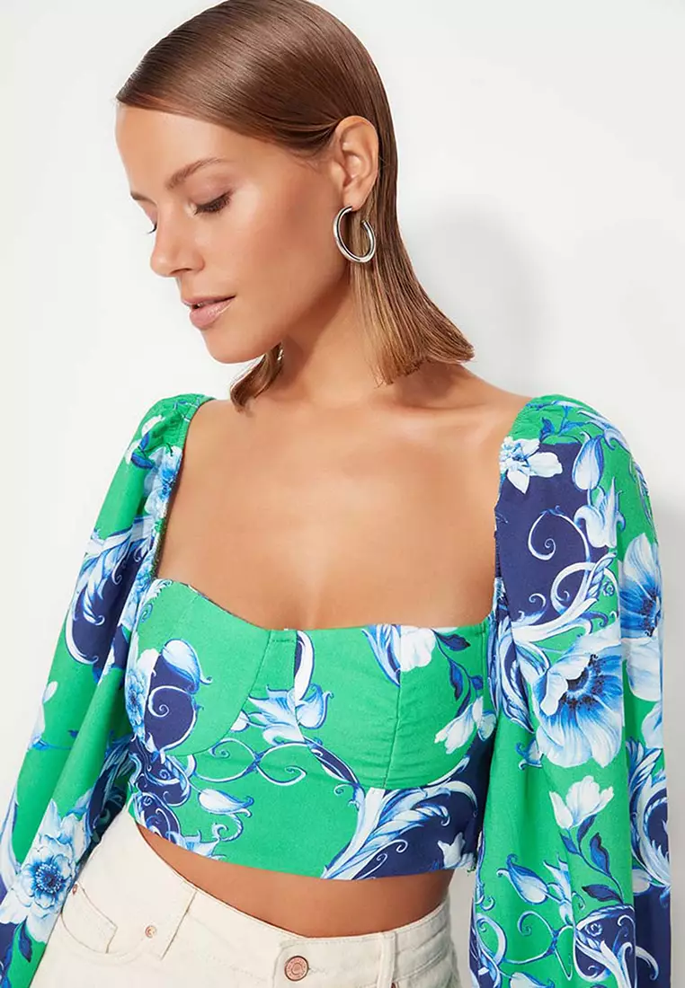 Floral Print Beach Blouse with Balloon Sleeves