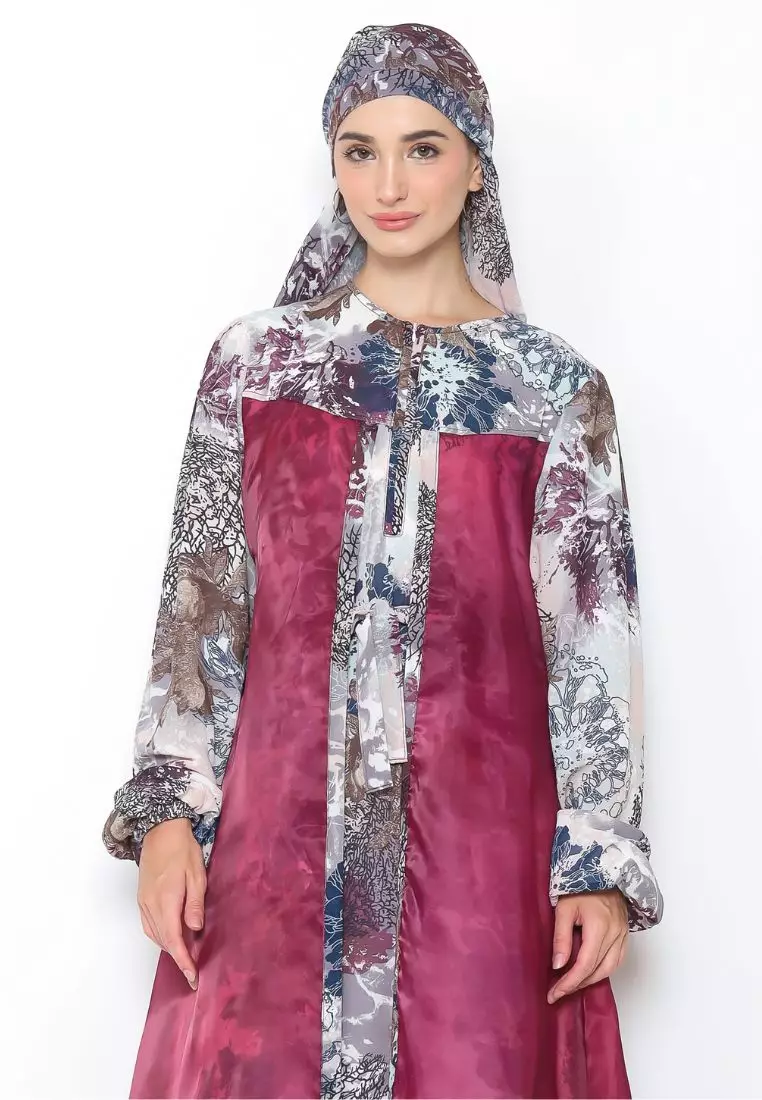 Rinjanie x Senorita  - Gamis Rosslen Red Wine - Gamis Set Scarf Raya - Gamis Set - Gamis Printing Mix Organza - Dress Raya - Dress mix organza - GMKY - RW