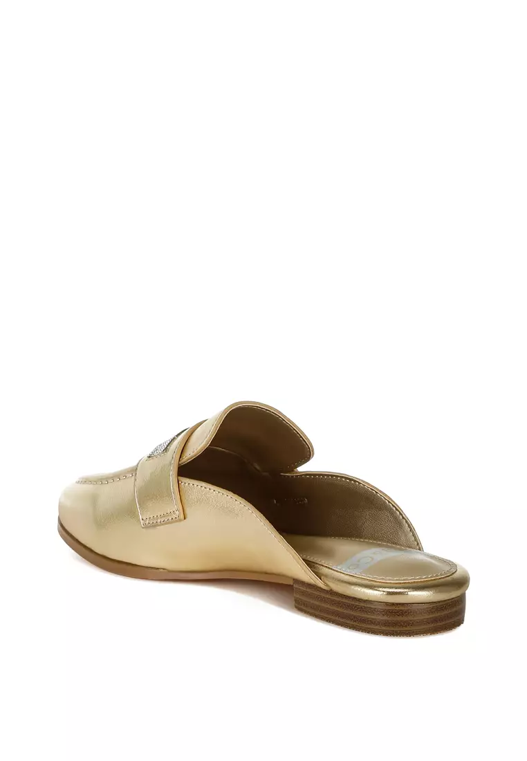Rhinestones Slip On Mules in Gold