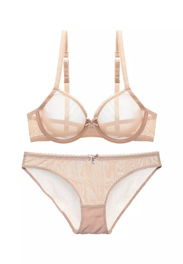 女士透氣性感網紗內衣套裝（文胸和內褲）- 膚色